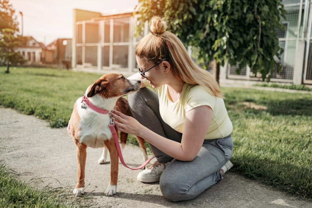 Woman kneeling with dog outdoors